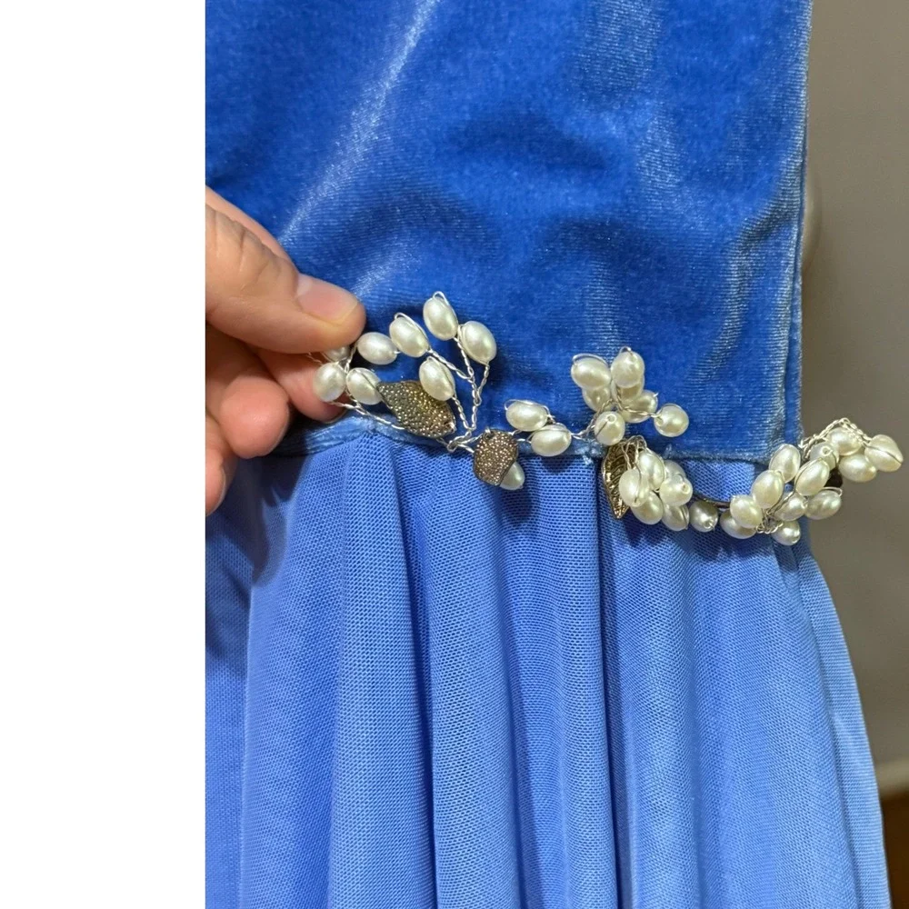 Weissman Lyrical Dance Costume Periwinkle Blue Velvet Pearl Lattice Back LC